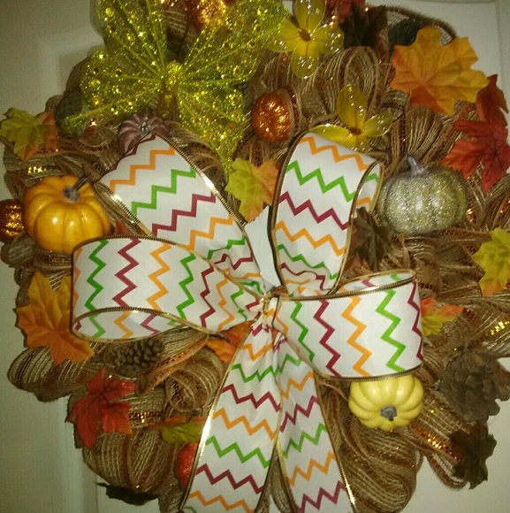 Handmade Seasonal Fall Wreath w Chevron Bow - Picture 2 of 8